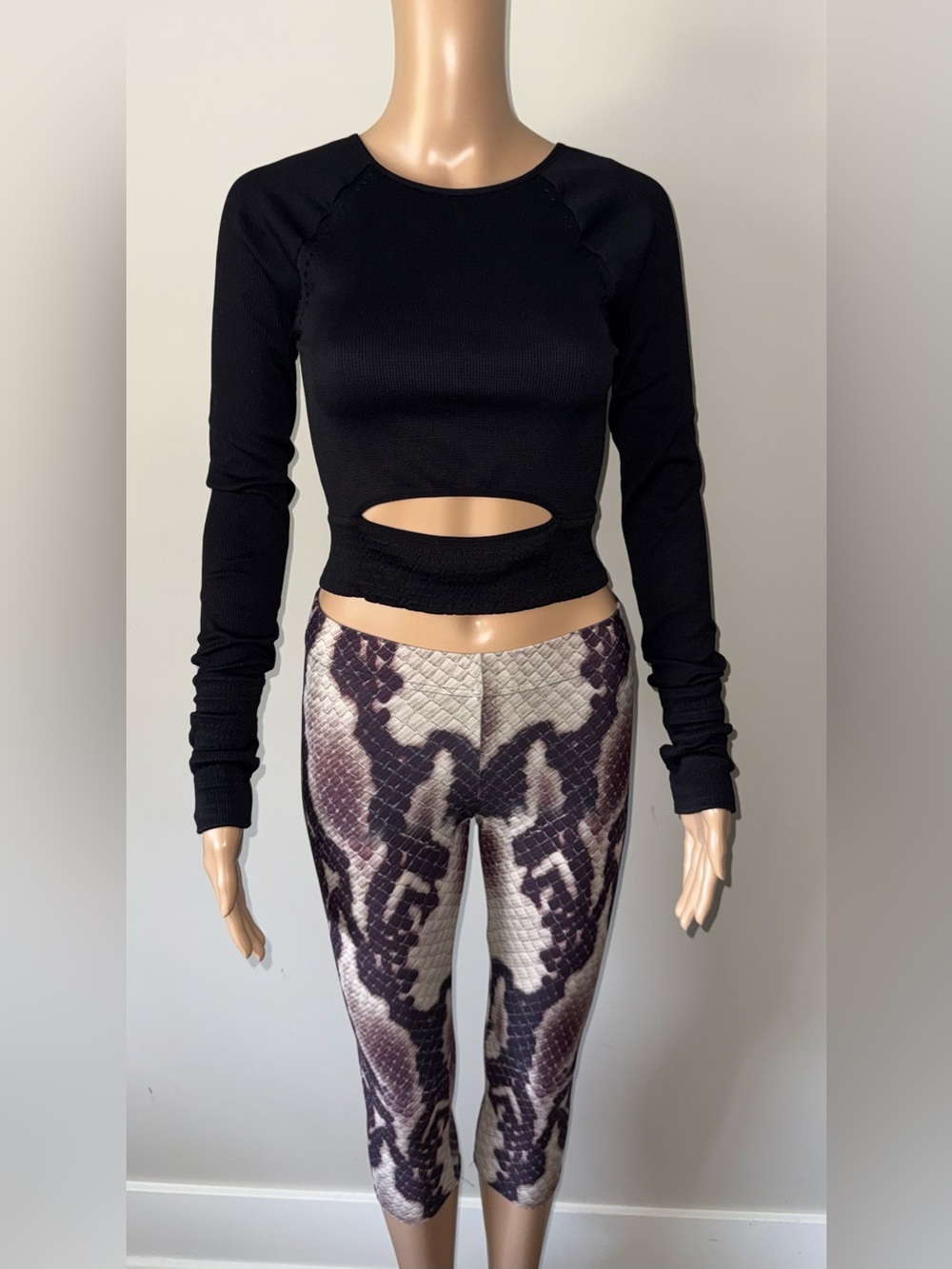FP Movement by Free People Black Long Sleeve Cropped Top with Front Cutout